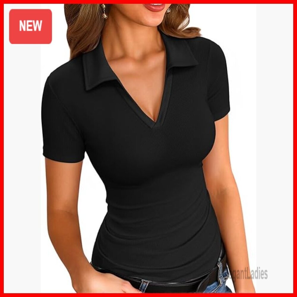 Slim Fit Ribbed Knit Polo Shirt Short Sleeve V Neck Collared Top